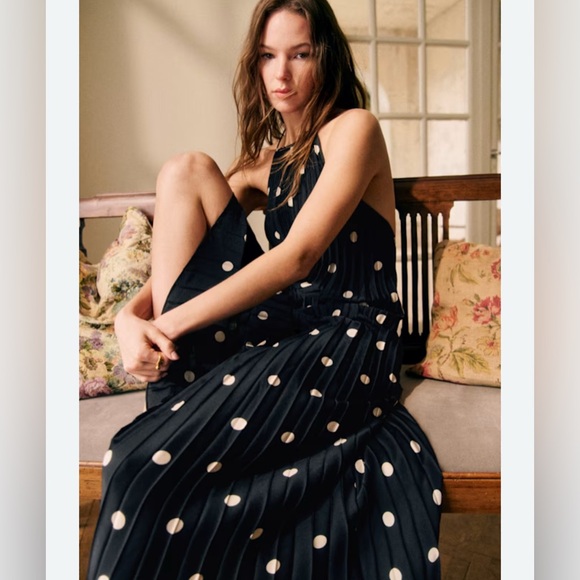 NEW Sezane Layla Dress Black Ecru Polka Dots size 2 Maxi Pleated - Picture 2 of 8